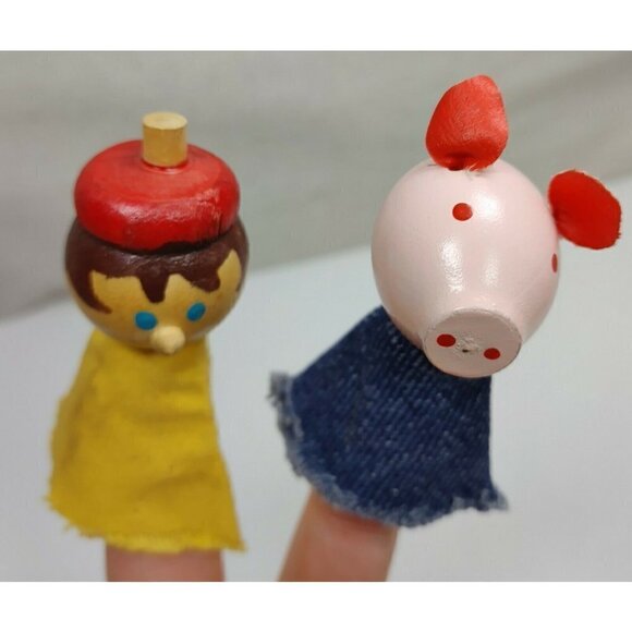 Vintage Wood And Cloth Set Boy With Hat Pig Hand Painted Finger Puppets - Picture 2 of 8
